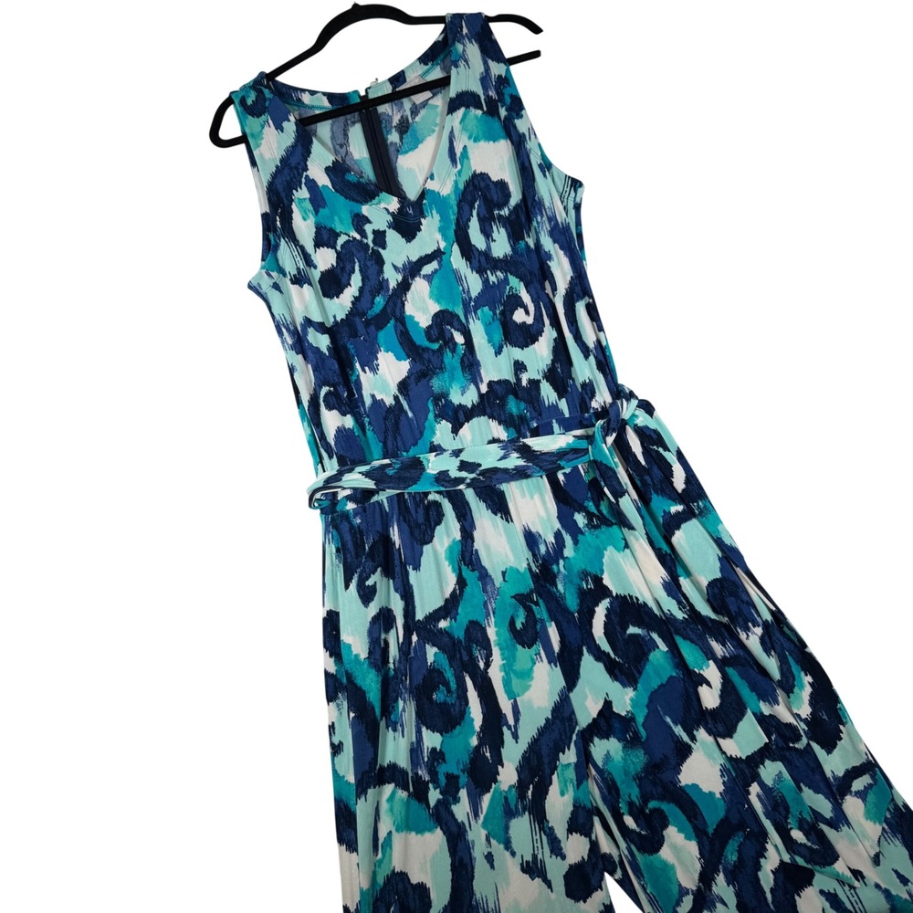 Chico's Travelers Jumpsuit Women 2 L Blue Teal Abstract Wide Leg Belted Ikat